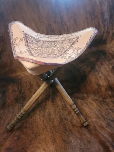 Handtooled leather and wood stool